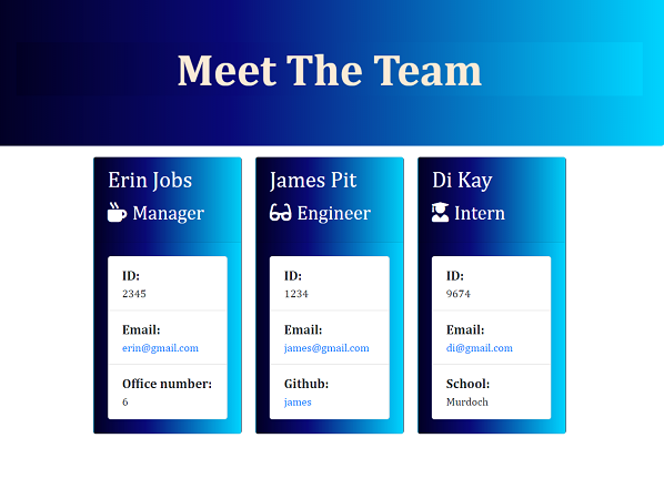 team cards with employee info